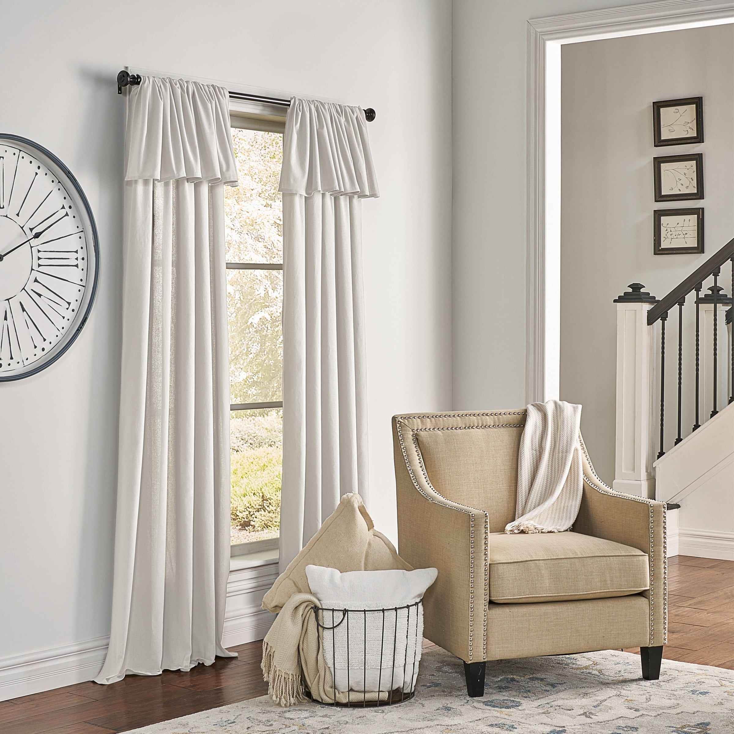 Off-White Cotton Light-Filtering Rod Pocket Curtain Panel with Valance