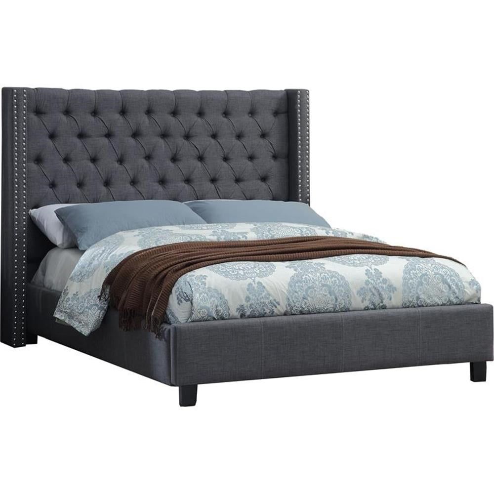 King Gray Linen Upholstered Wingback Bed with Tufted Headboard