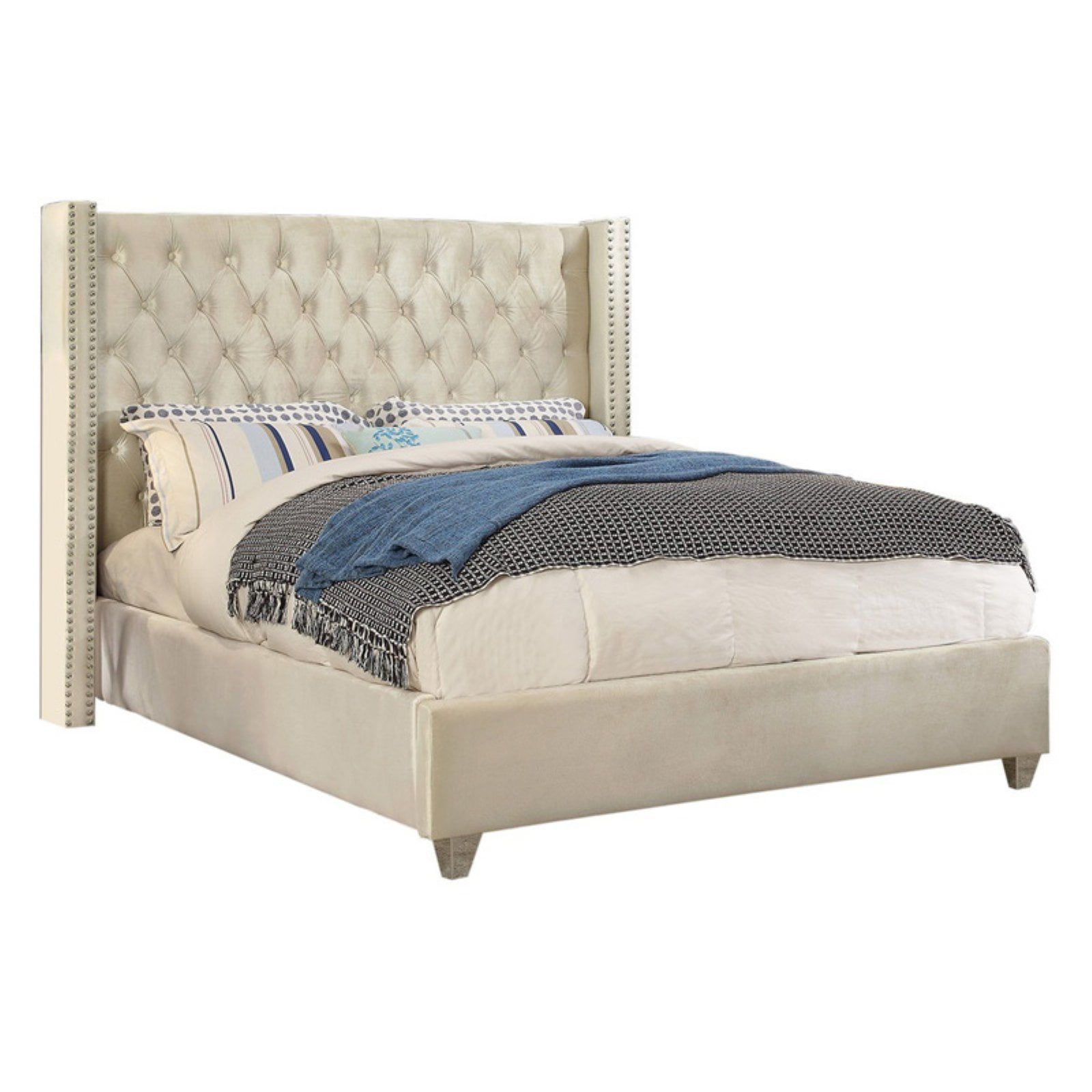 Elegant Cream Velvet Queen Bed with Deep Tufting and Chrome Nailhead Trim