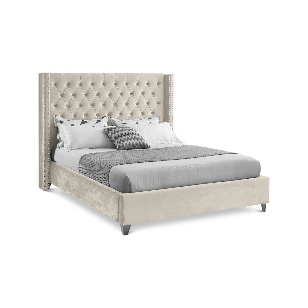 Elegant Cream Velvet Queen Bed with Deep Tufting and Chrome Nailhead Trim