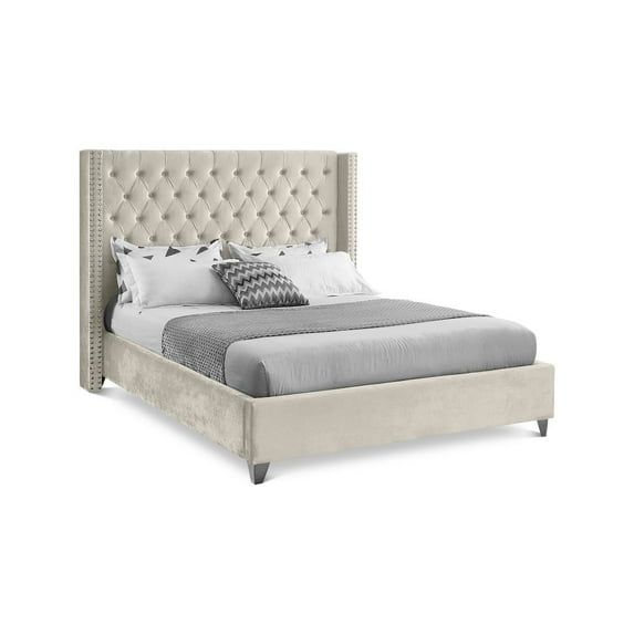 Elegant Cream Velvet Queen Bed with Deep Tufting and Chrome Nailhead Trim
