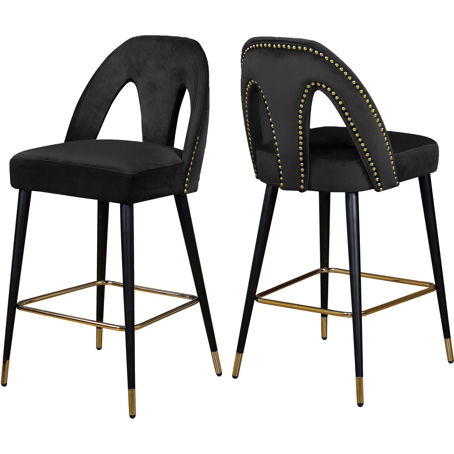 Akoya Black Velvet Counter Stool with Gold Nailheads