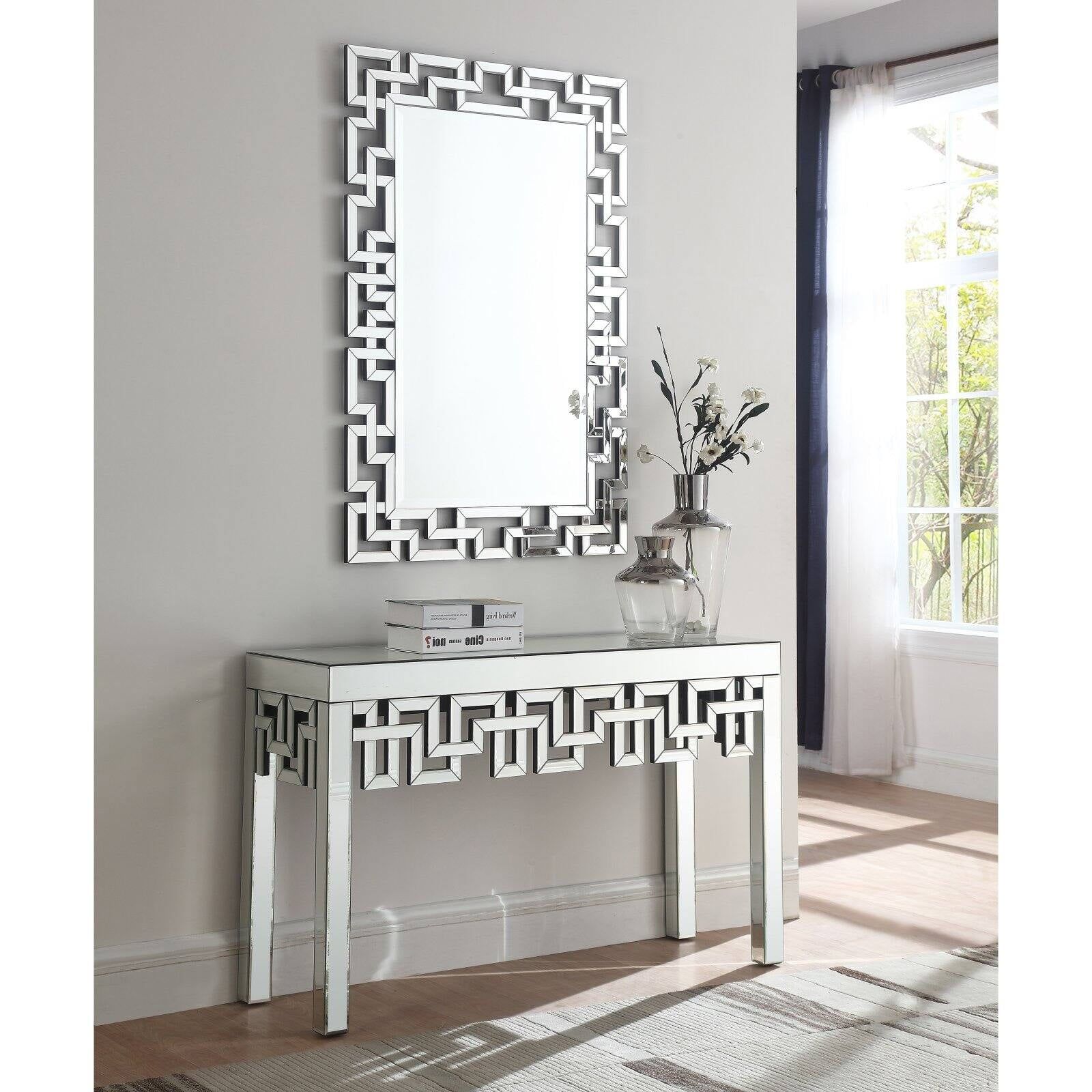 Aria Mirrored Geometric Console Table with Glass Surface