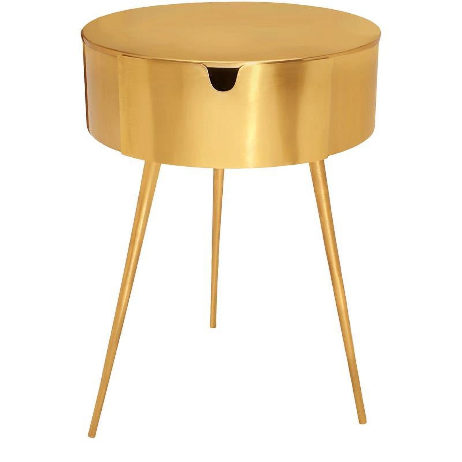 Gold Brushed Metal Round Nightstand with Drawer