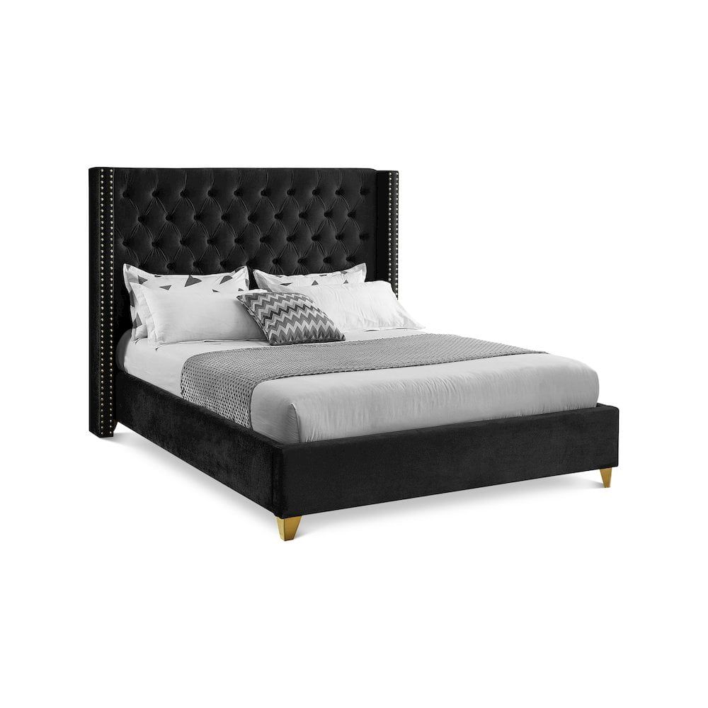 Black Velvet Queen Bed with Gold Nailhead Trim and Tufted Upholstery