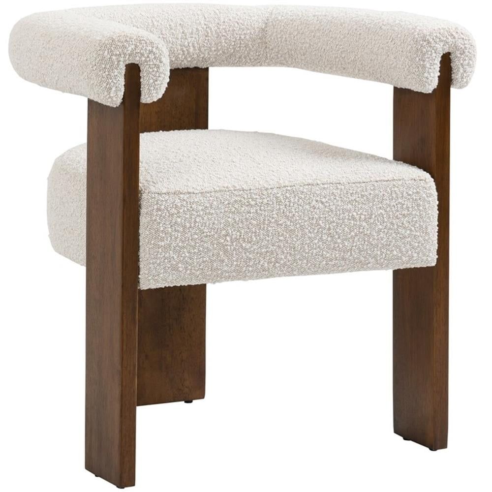 Cream Boucle Upholstered Barrel Arm Chair with Walnut Wood Frame