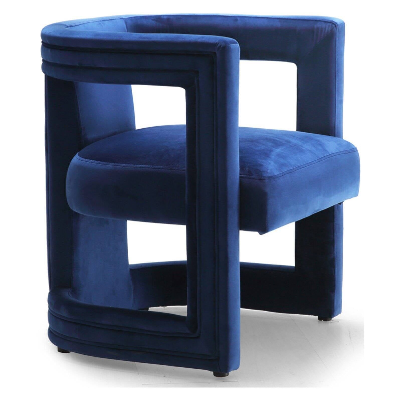 Contemporary Navy Velvet Barrel Accent Chair with Wood Frame