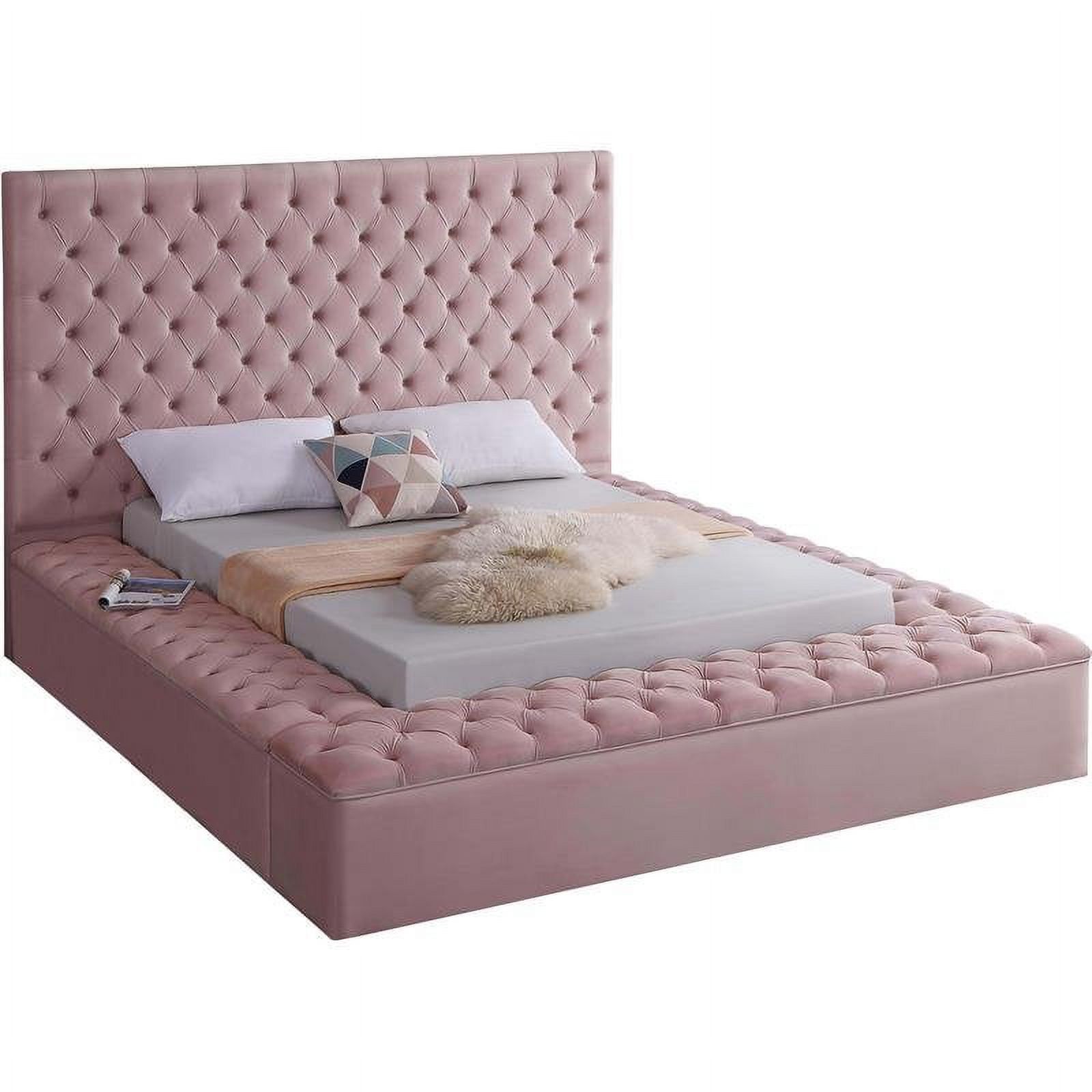 Elegant Pink Velvet Queen Bed with Tufted Headboard and Storage