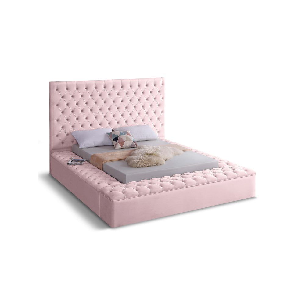 Elegant Pink Velvet Queen Bed with Tufted Headboard and Storage