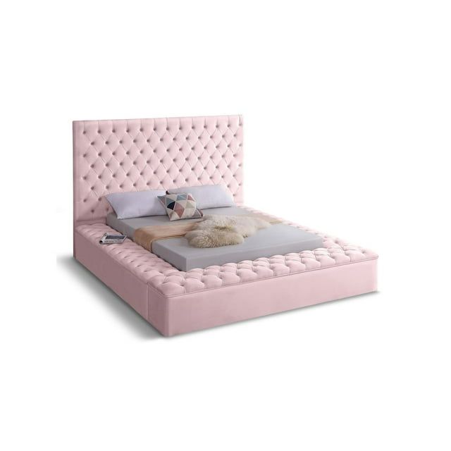 Elegant Pink Velvet Queen Bed with Tufted Headboard and Storage