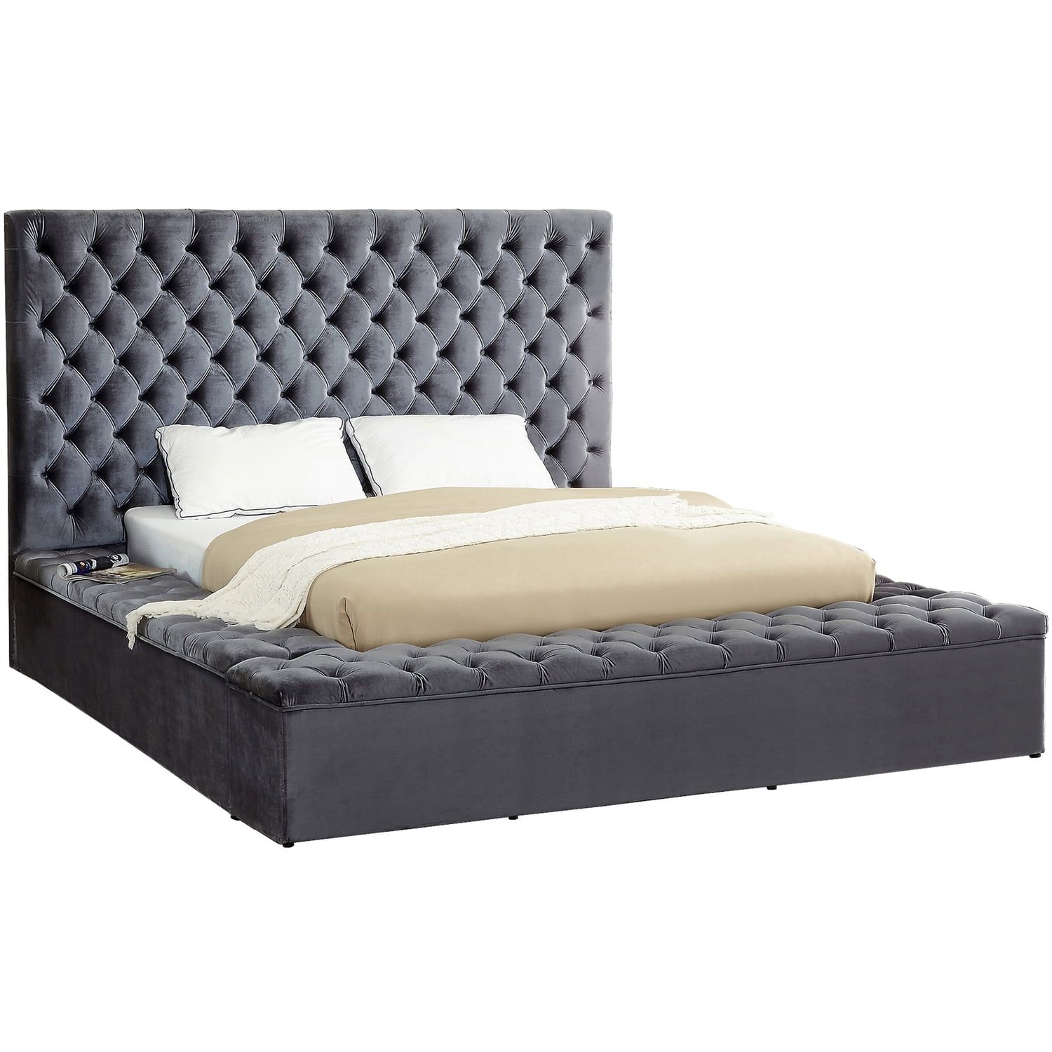 Gray Velvet Tufted King Bed with Storage Drawers