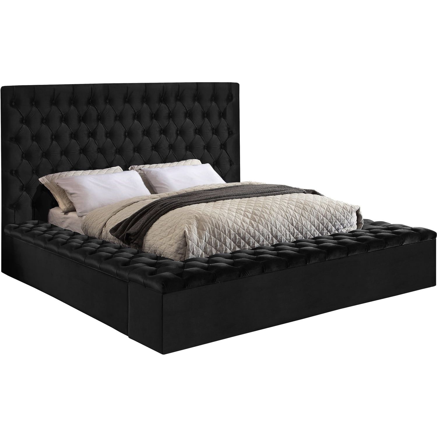 Elegant Black Velvet Queen Bed with Tufted Headboard and Storage