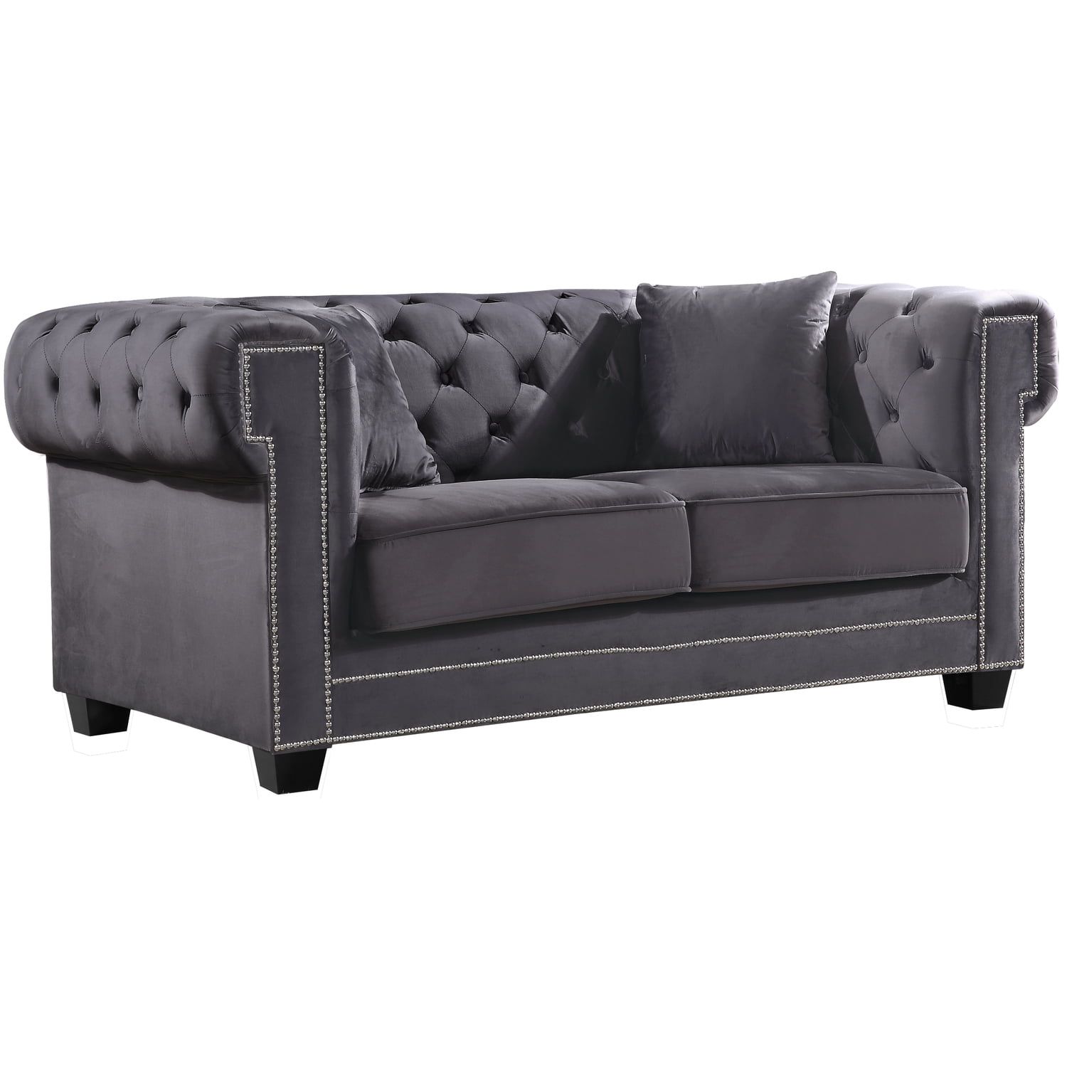 Gray Velvet Tufted Loveseat with Nailhead Trim