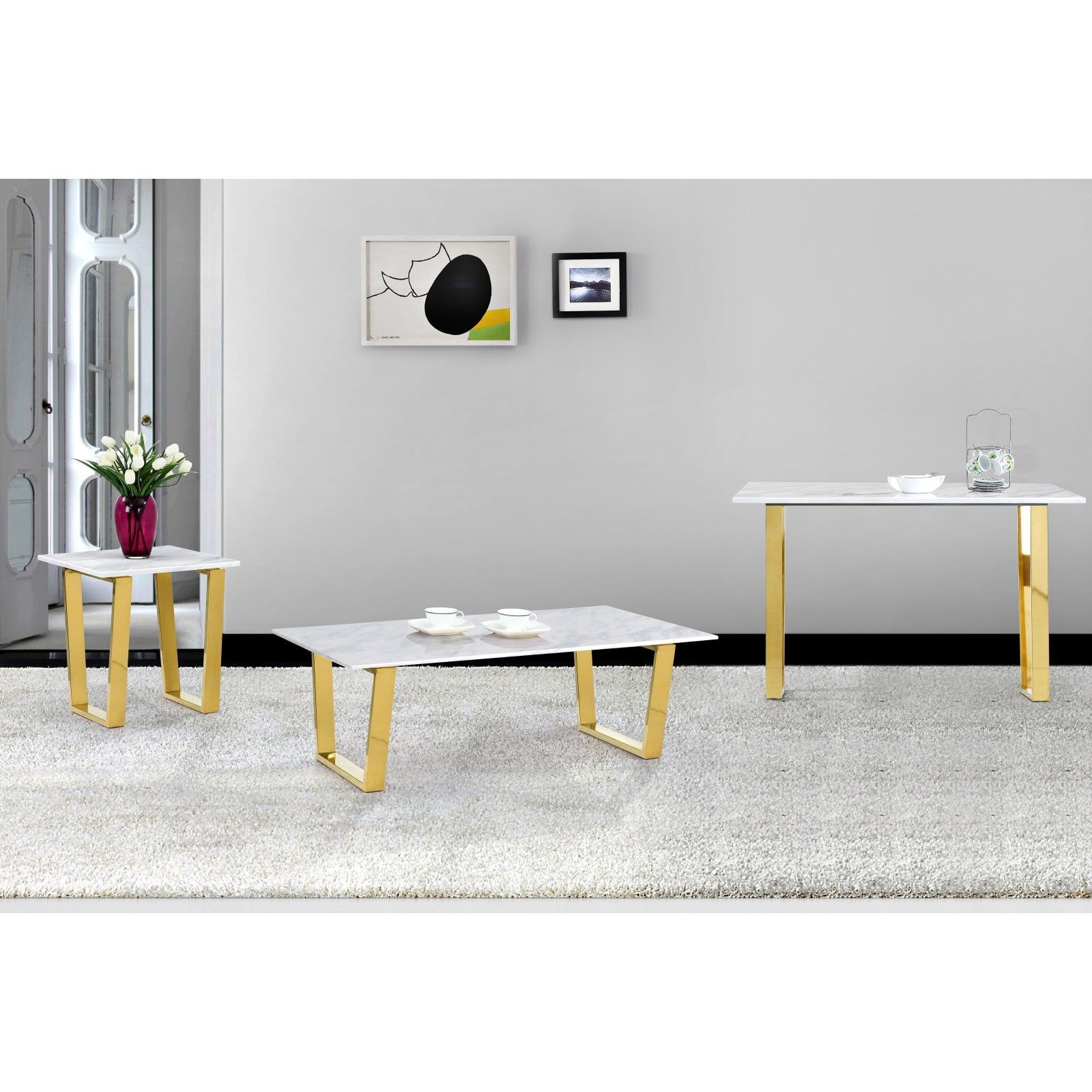 Contemporary Stone and Gold Metal End Table 20"x22"