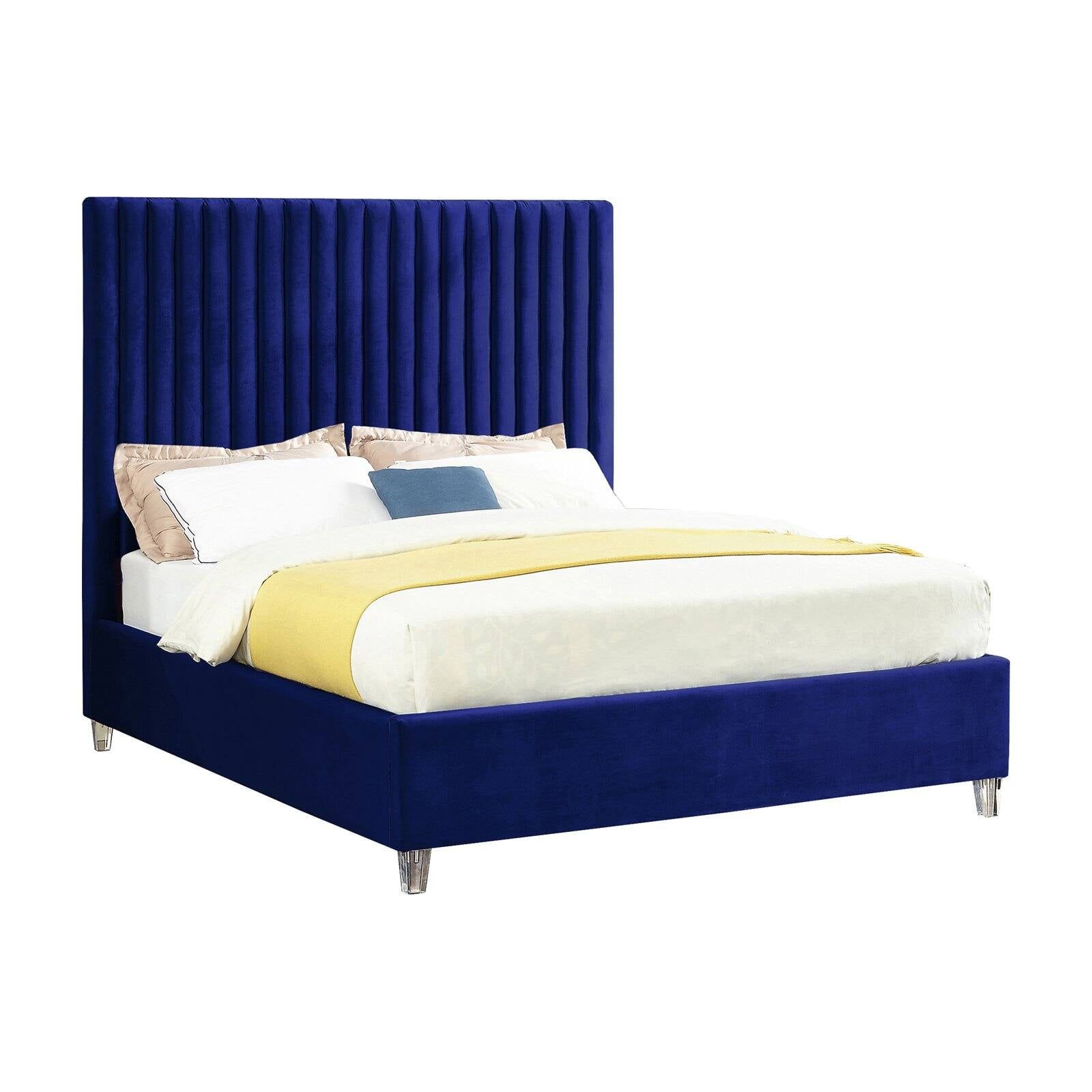 Elegant King-Sized Navy Velvet Tufted Bed with Acrylic Legs