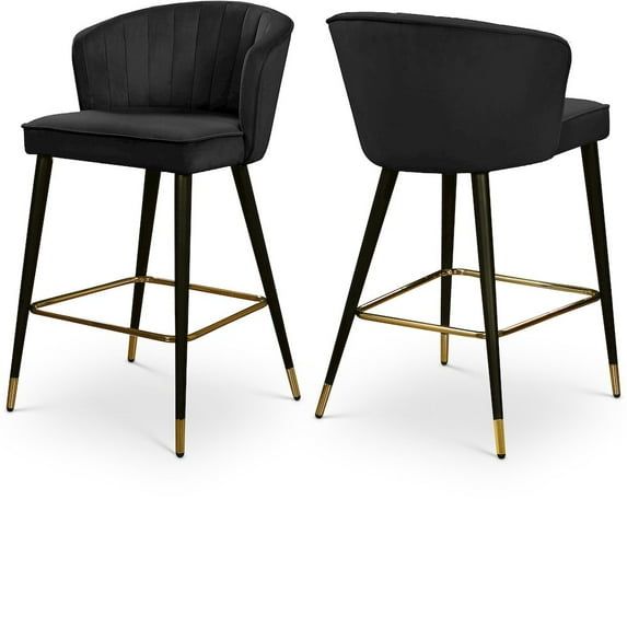 Cassie Black Velvet Bar Stool with Gold Trim and Graduated Legs