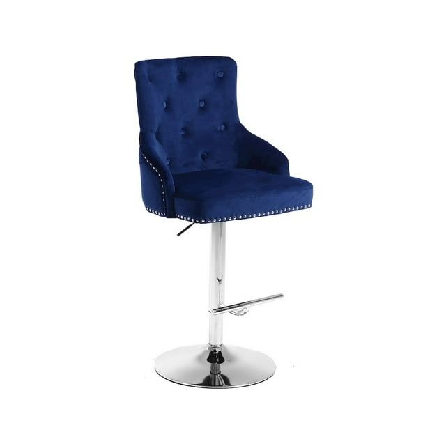 Navy Velvet Adjustable Swivel Bar Stool with Chrome Base