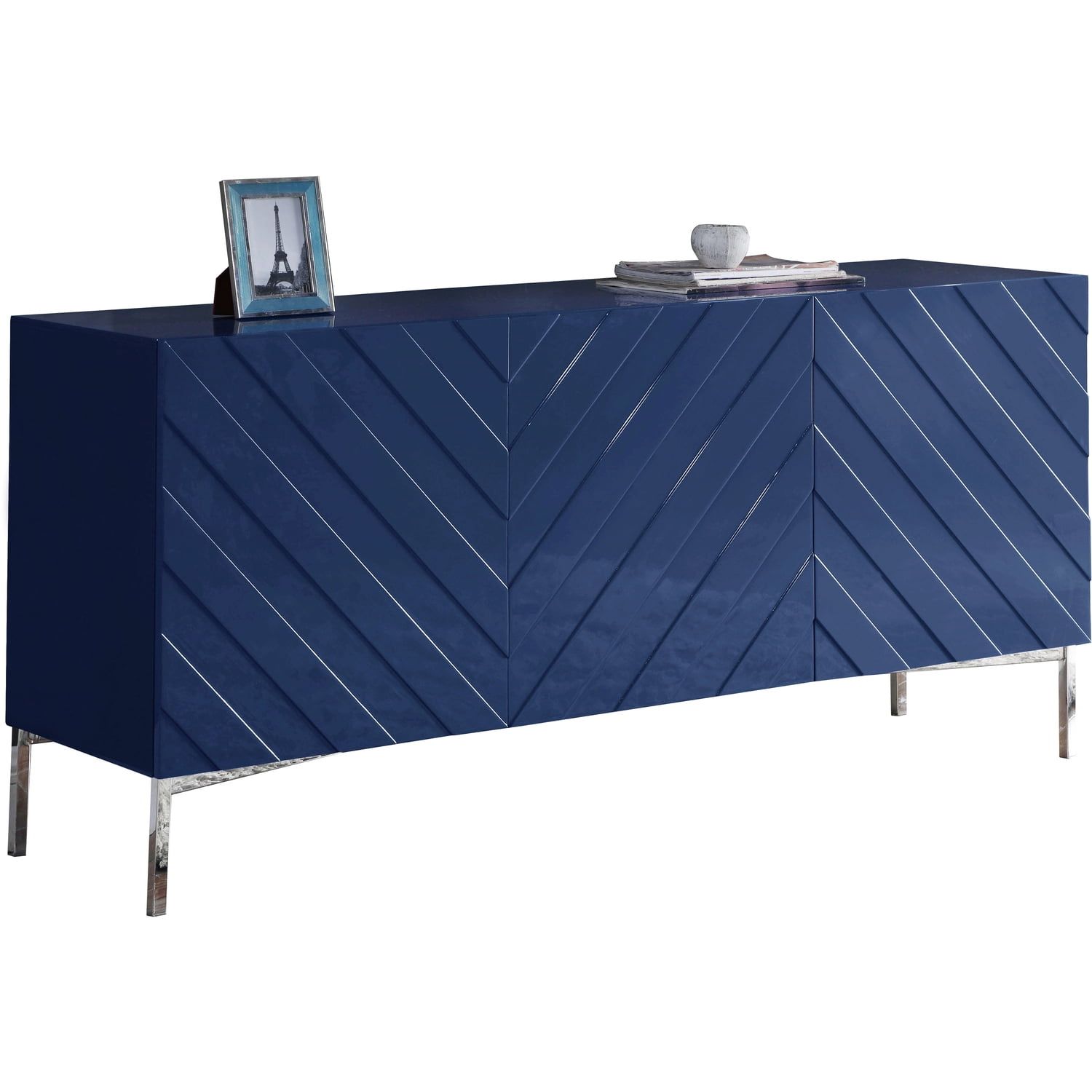 Collette Navy Lacquer and Chrome 64" Contemporary Sideboard Buffet