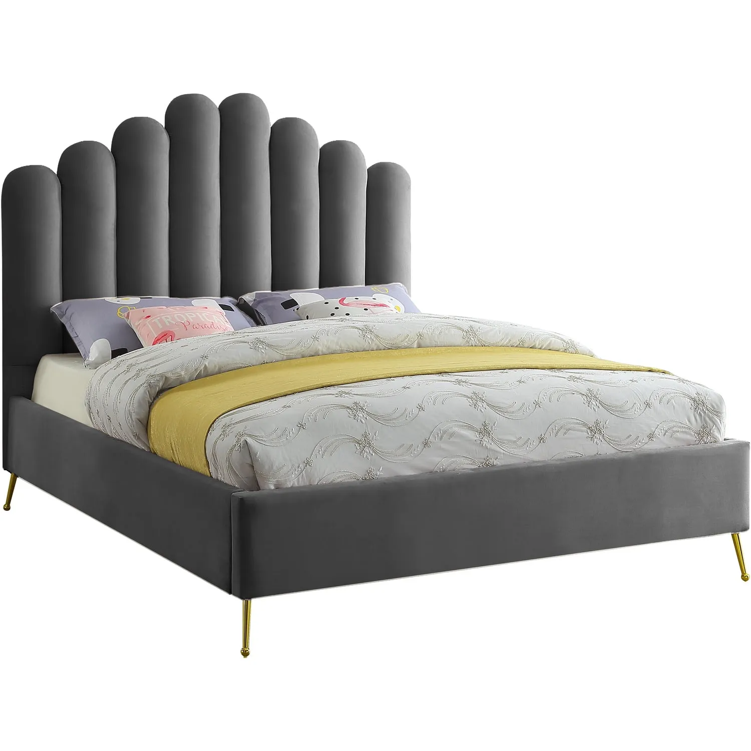 Elegant Grey Velvet Queen Bed with Gold Metal Frame and Tufted Headboard