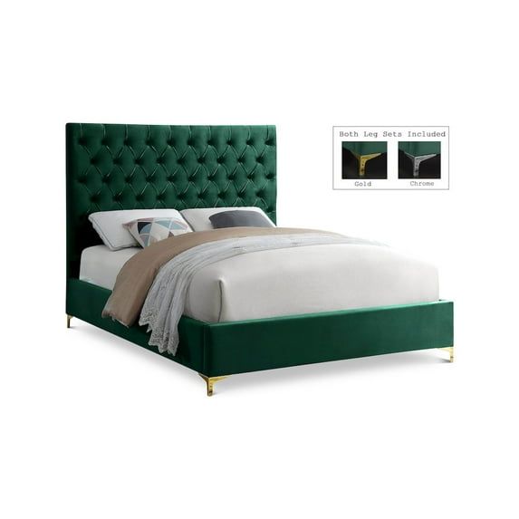 Cruz Luxurious Green Velvet Tufted Queen Bed with Metal Feet