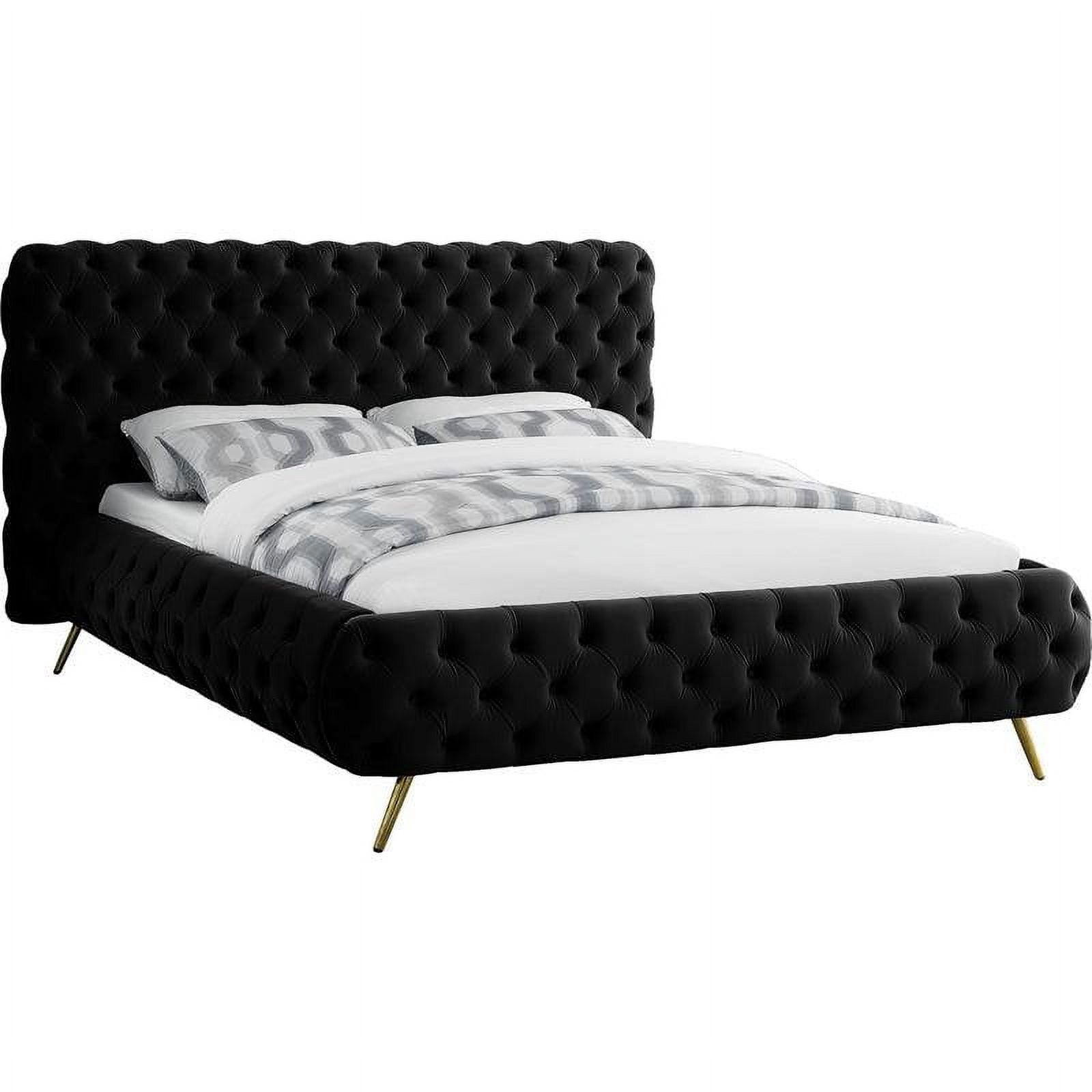 Luxurious Black Velvet Tufted Queen Bed with Gold Metal Legs