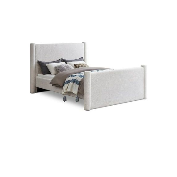 Cream Boucle Upholstered Queen Bed with Wood Frame