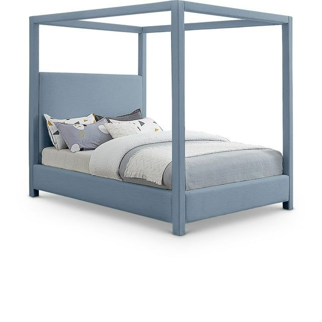 Sky Blue Linen Upholstered Queen Canopy Bed with Wood Frame