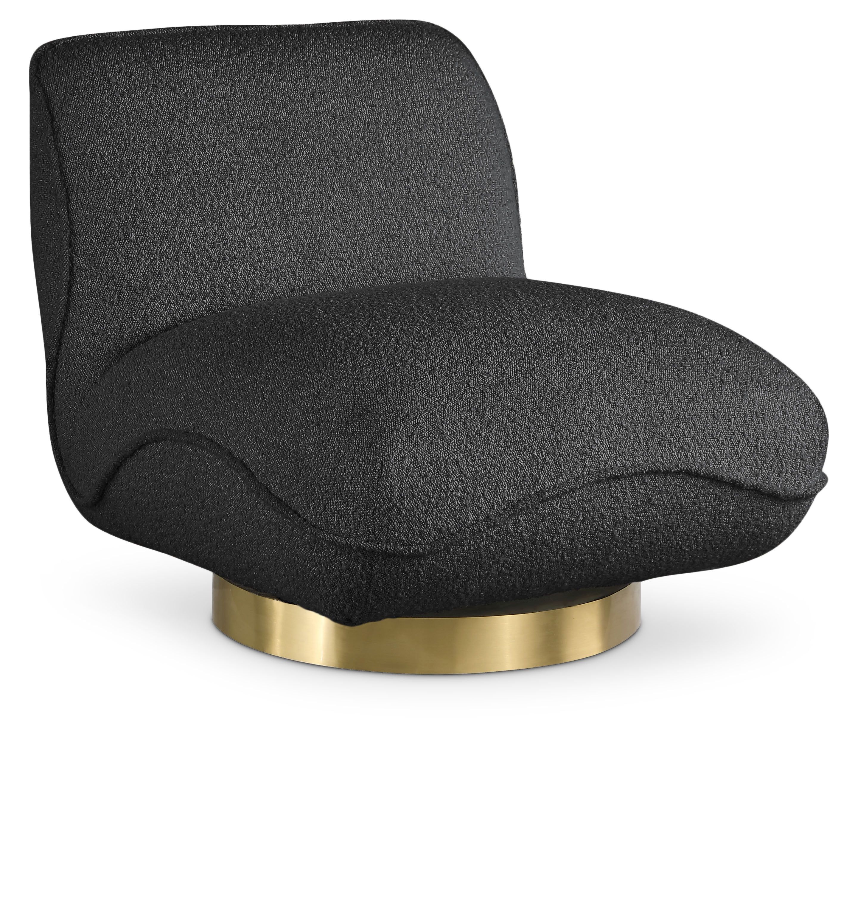 Geneva Black Boucle Fabric Swivel Accent Chair with Gold Base