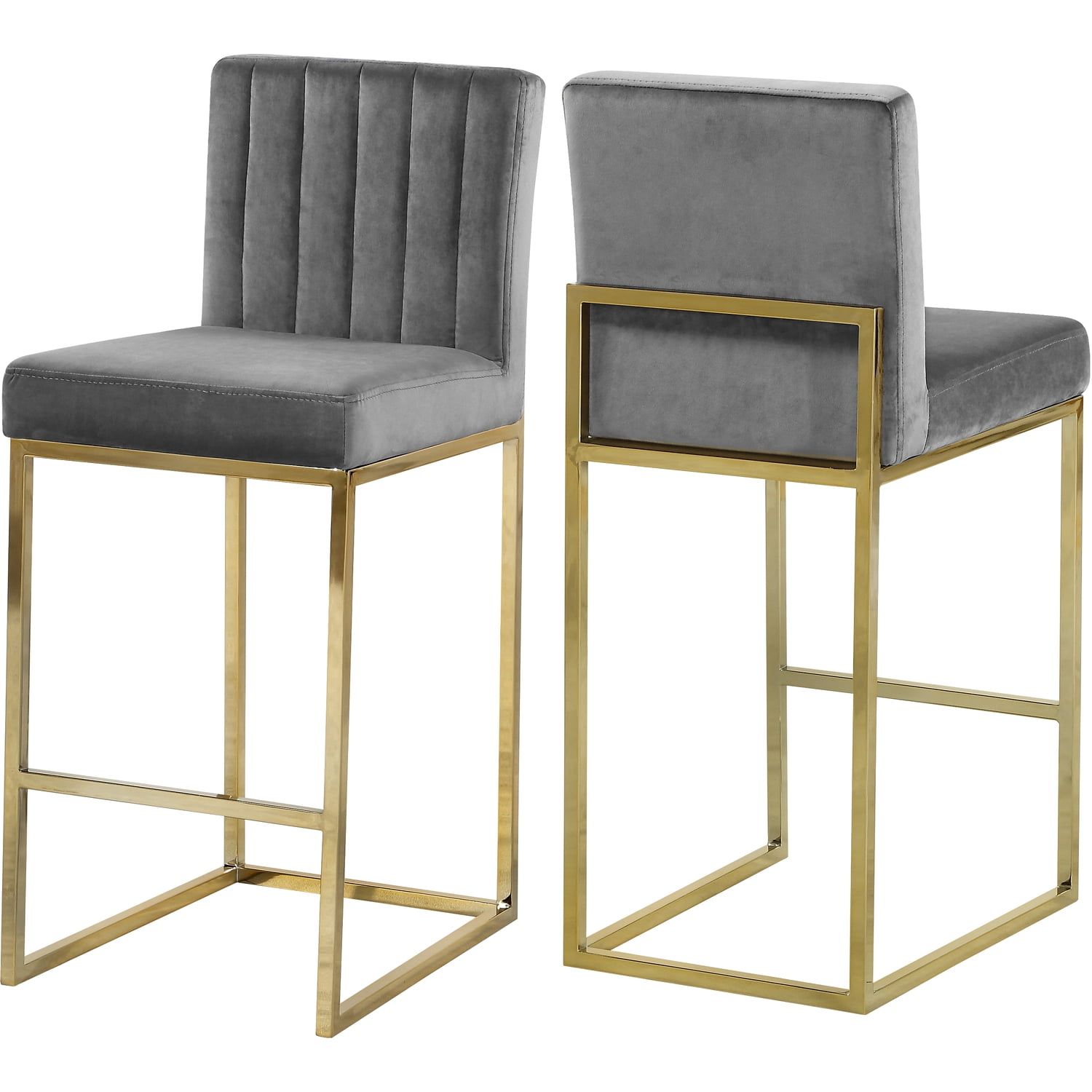 Contemporary Gray Velvet Counter Stool with Gold Metal Base