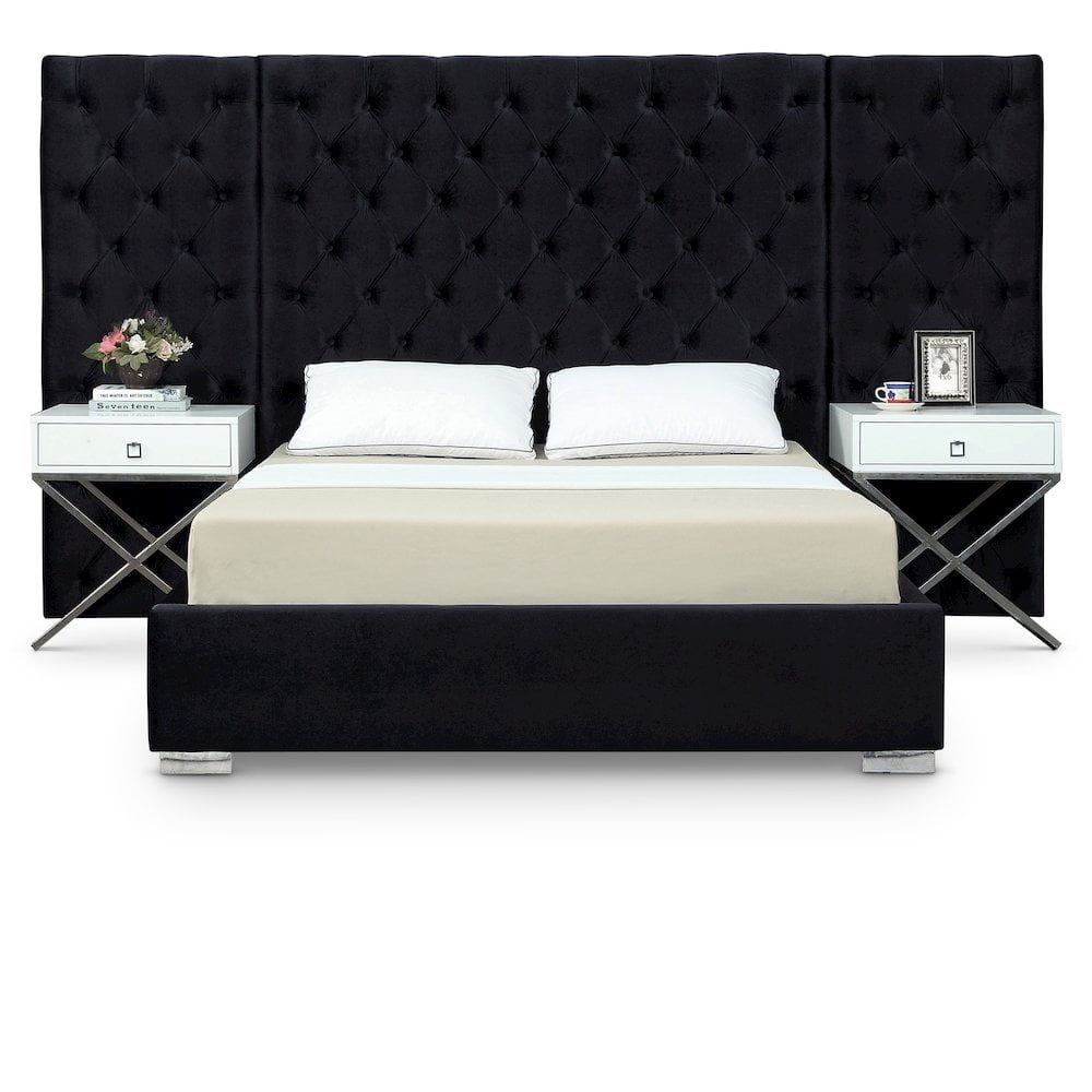Grande Sleek Black Velvet Queen Bed with Tufted Headboard