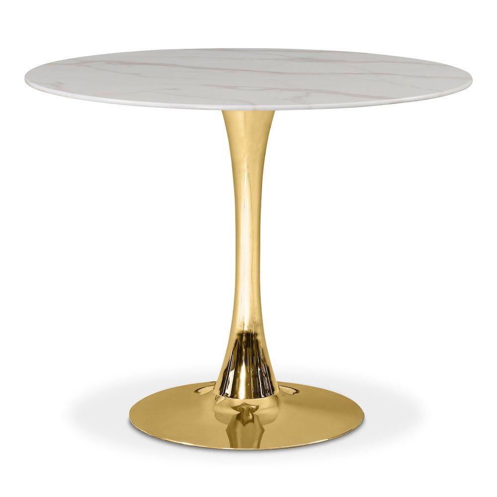 36" Round White Marble Dining Table with Gold Pedestal Base