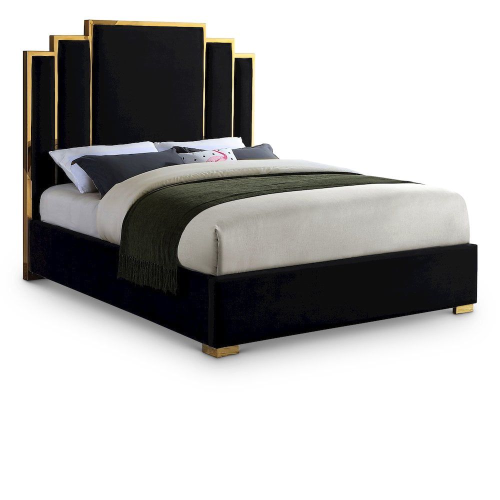 Regal Hugo Black Velvet Queen Bed with Gold Metal Frame