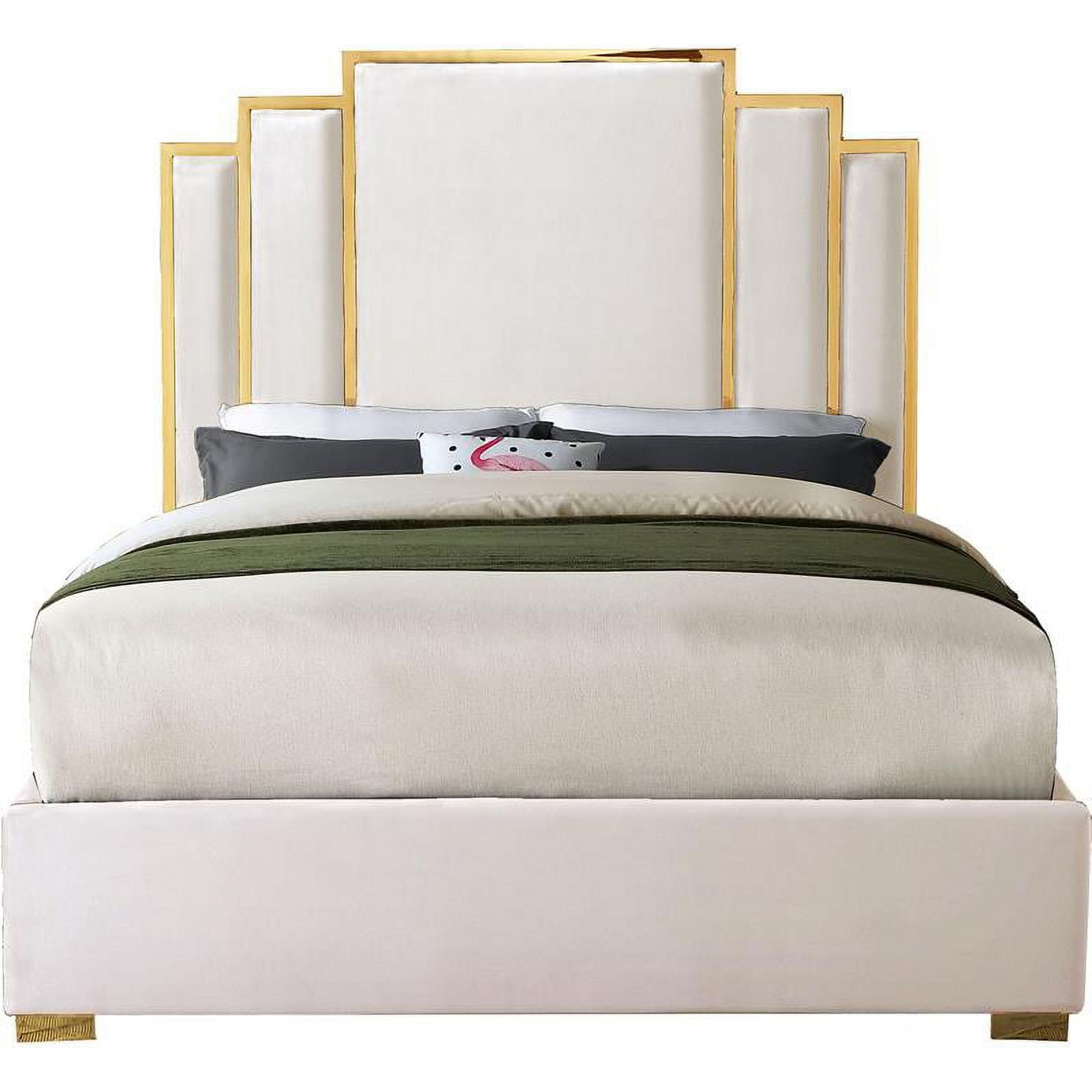Cream Velvet King Bed with Gold Metal Frame and Headboard