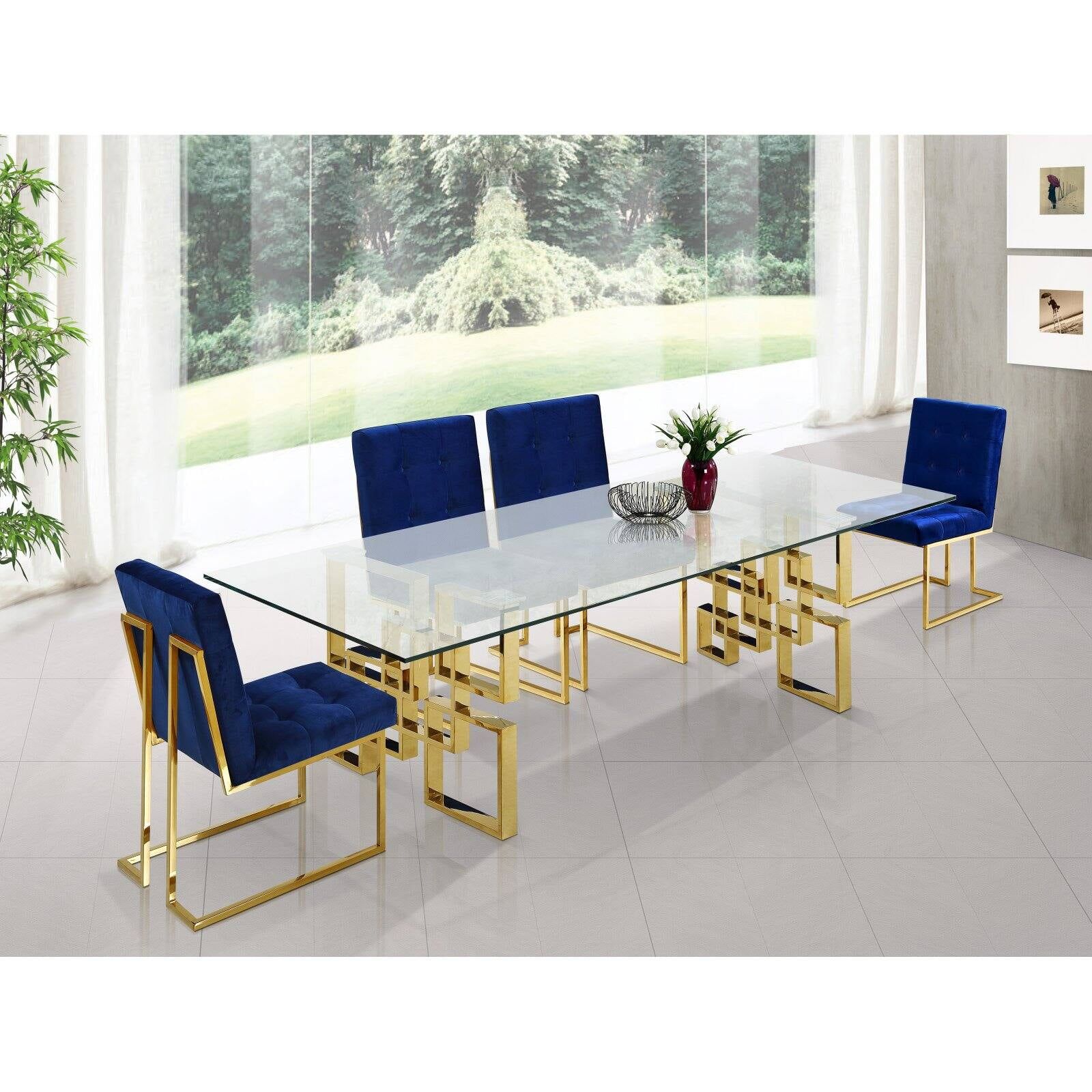 Contemporary Gold Geometric Glass Dining Table, 78"