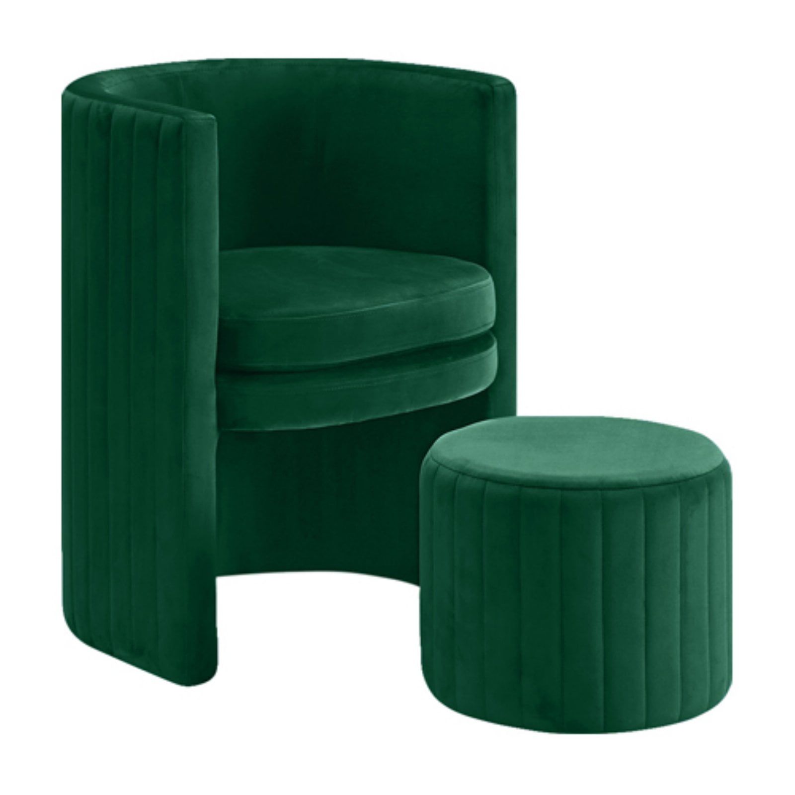 Selena Barrel Green Velvet Accent Chair with Ottoman