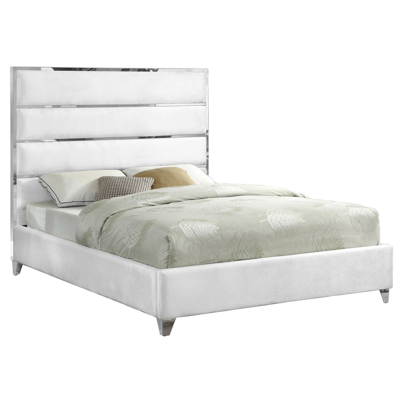 Elegant White Velvet Queen Bed with Tufted Upholstered Headboard