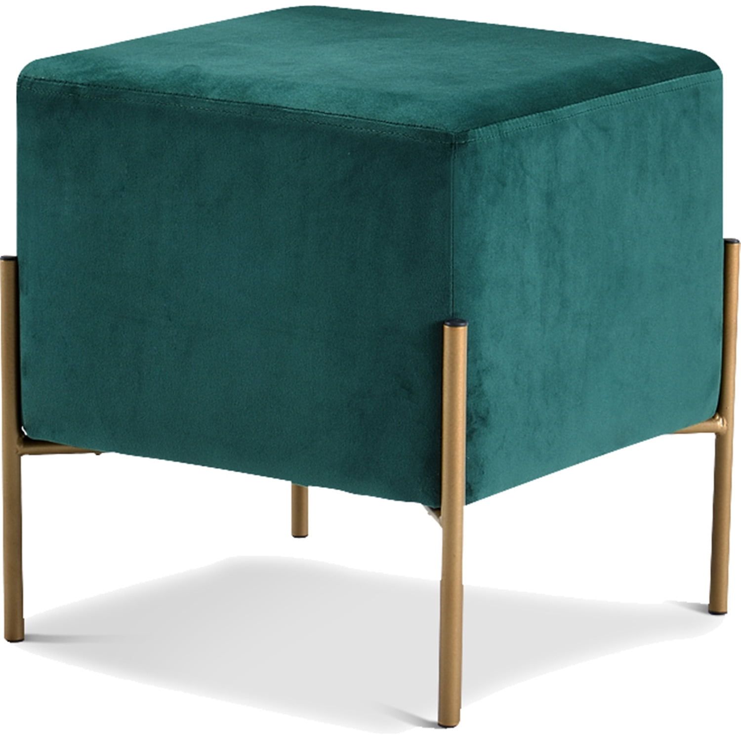 Contemporary Green Velvet Square Pouf with Gold Stainless Steel Legs