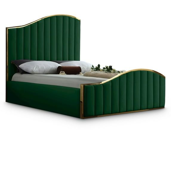 Green Velvet Upholstered Queen Bed with Gold Metal Frame