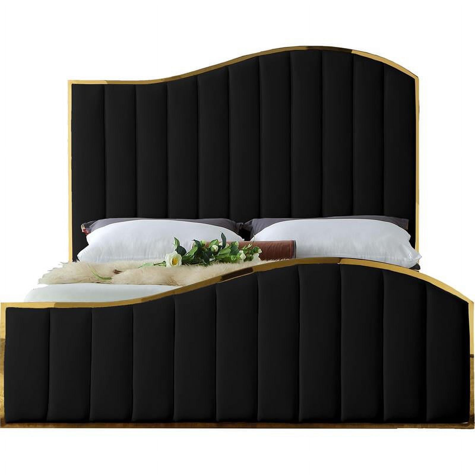 Contemporary Jolie Black Velvet Queen Bed with Polished Gold Frame