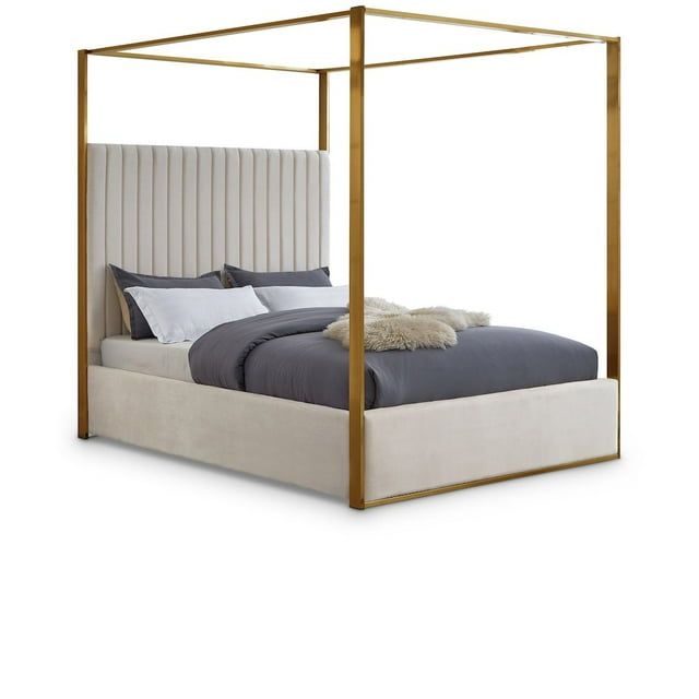 Regal Cream Velvet Queen Canopy Bed with Brushed Brass Frame