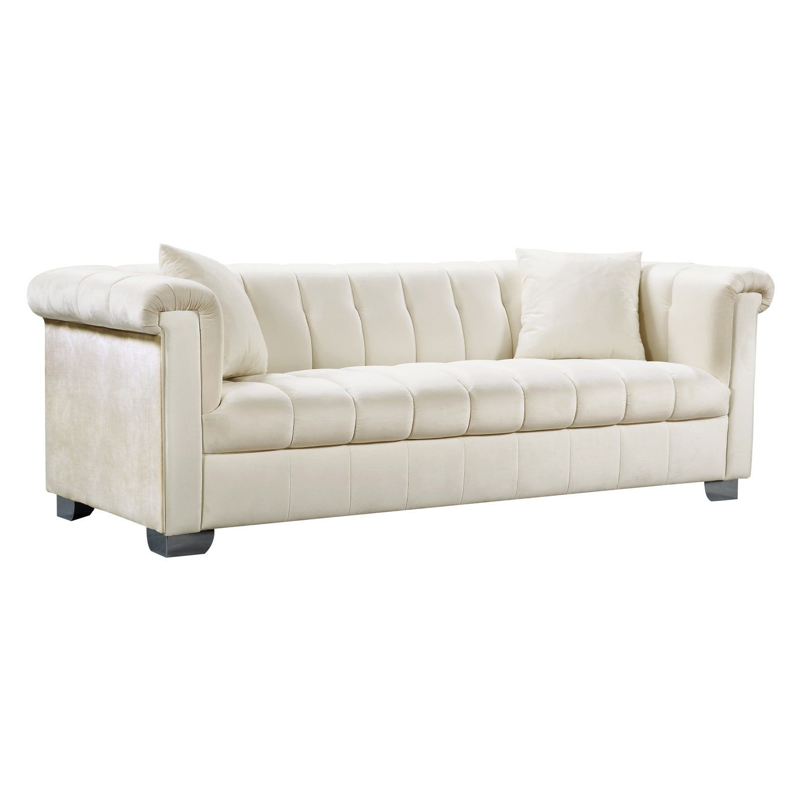 Elegant Cream Velvet Rolled & Track Arm Sofa Set with Wood Frame