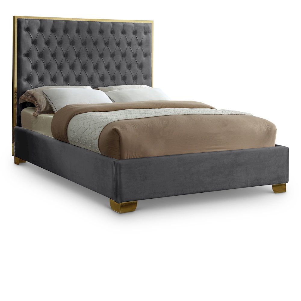 Queen Grey Velvet Upholstered Tufted Headboard Bed with Slats