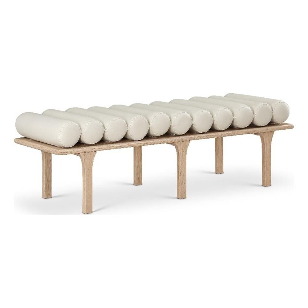 Cream Vegan Leather and Oak Art Deco Bench