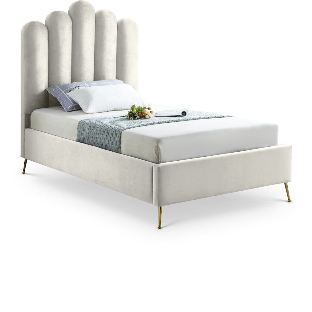 Cream Velvet Twin Bed with Tufted Upholstered Headboard and Gold Legs