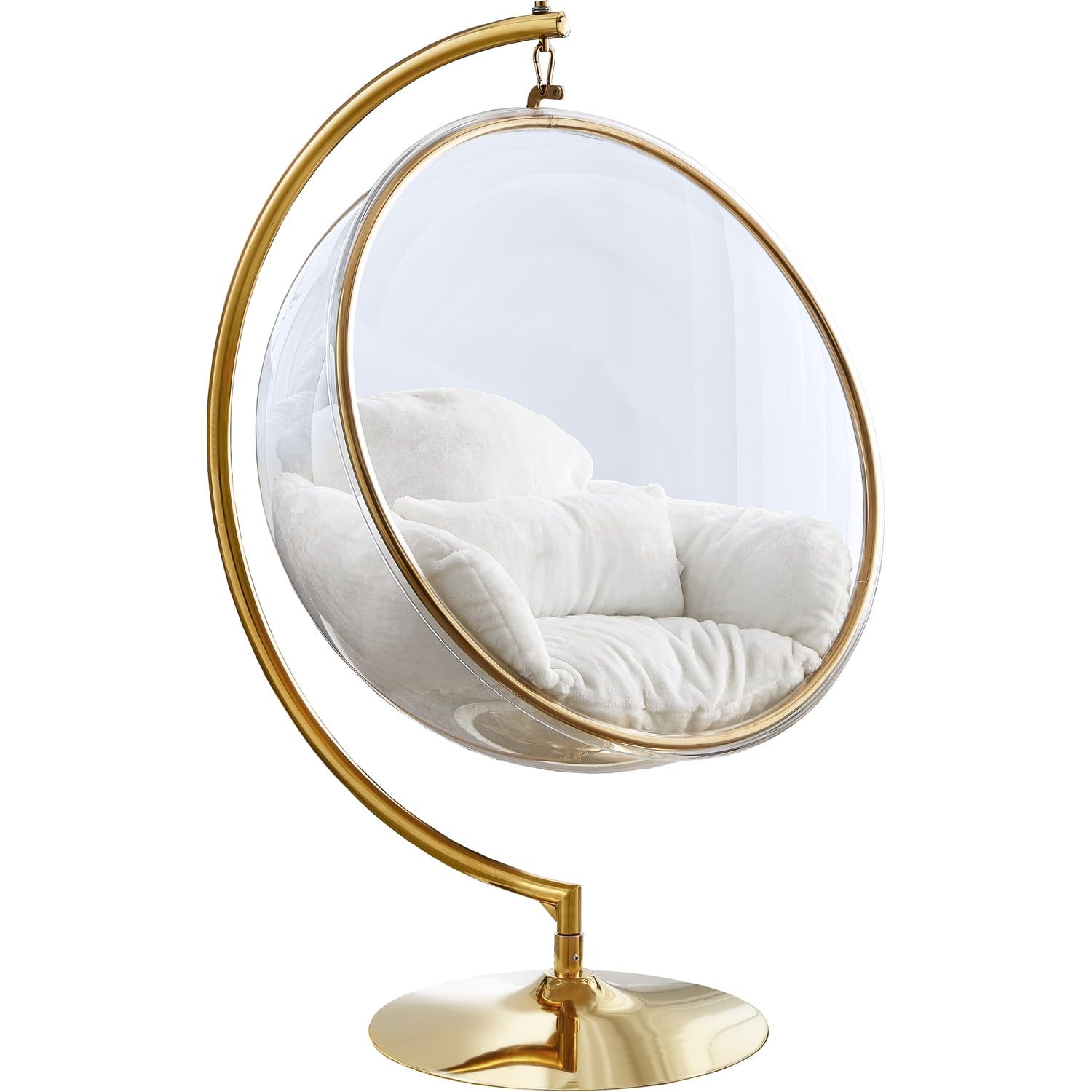 Contemporary Luna Gold Metal & White Faux Fur Acrylic Swing Chair
