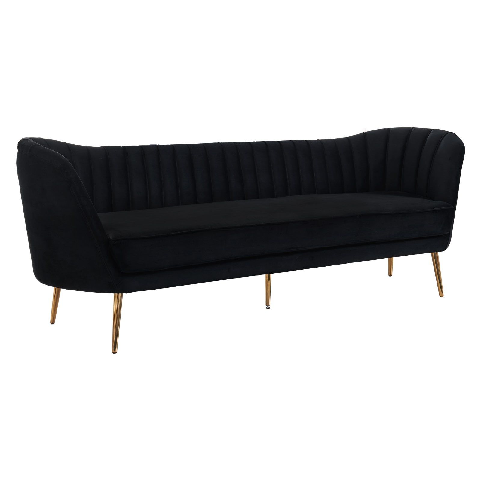 Luxurious Black Velvet Round Arm Sofa with Gold Metal Legs