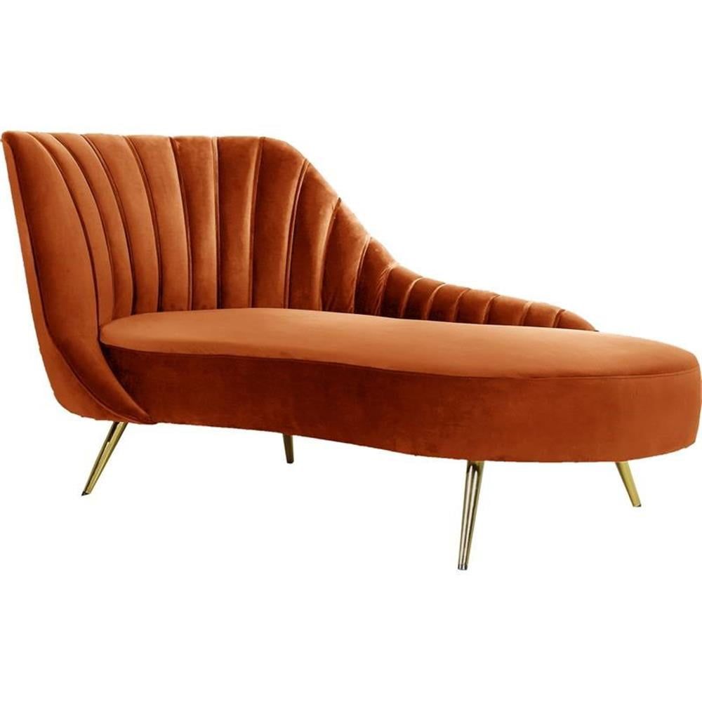 Cognac Velvet Chaise Lounge with Gold Legs