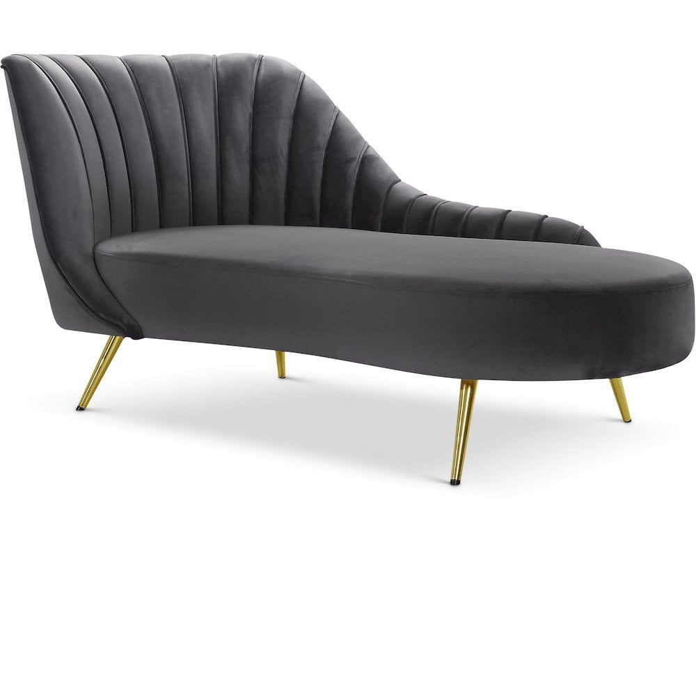Luxurious Grey Velvet Chaise with Gold Stainless Steel Legs
