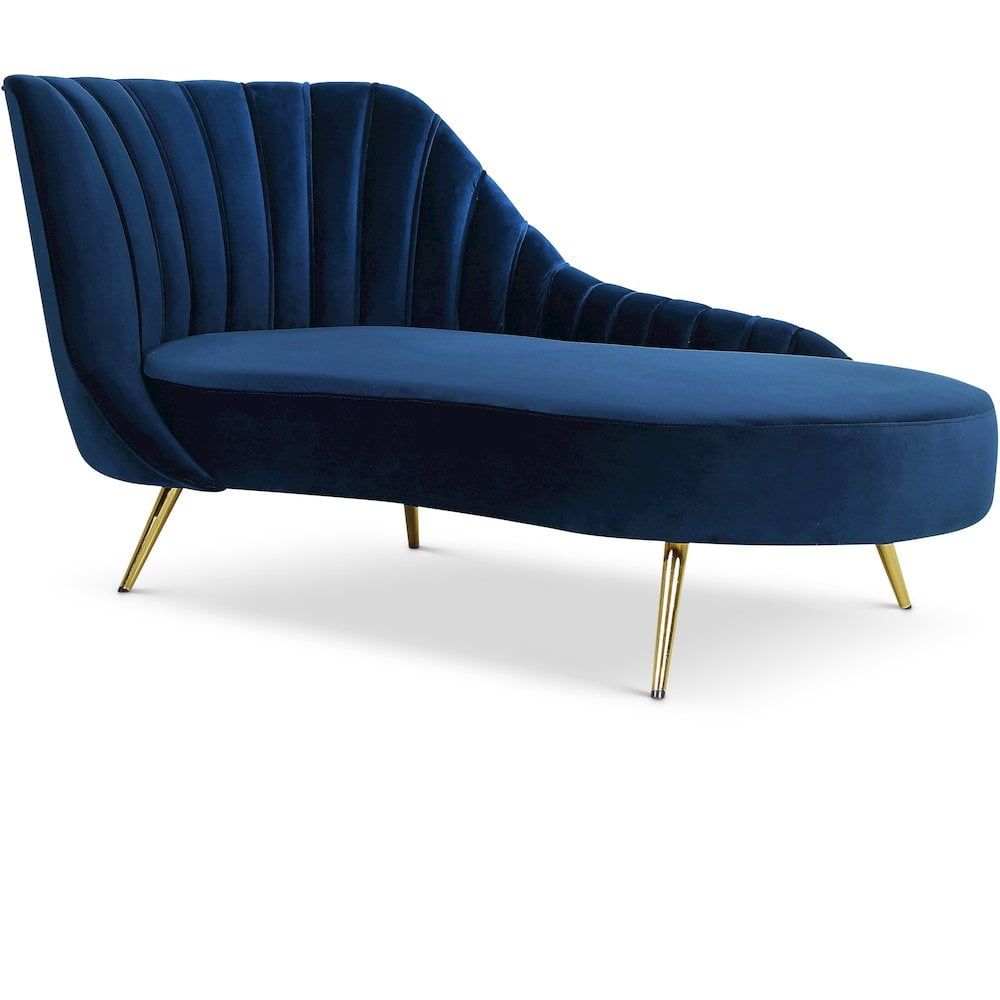 Elegant Navy Velvet Chaise Lounger with Gold Steel Legs