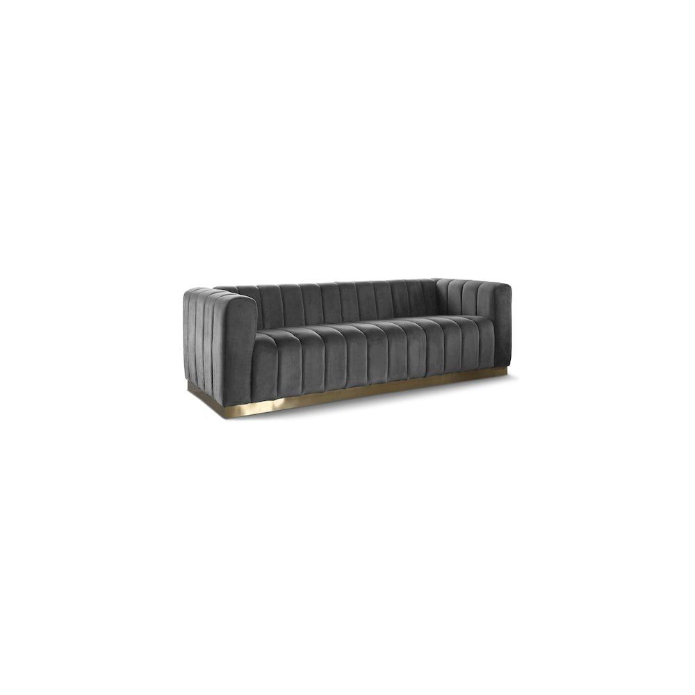 Marlon Luxe Grey Velvet Tufted 86.5" Sofa with Brushed Gold Base
